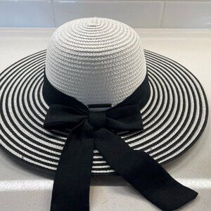 Summer Braided Hat White and Navy Striped  Navy Grosgrain bow with long tail
